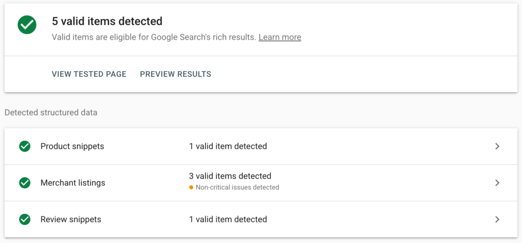 Screenshot of Google's Rich Results test showing valid Product Snippets, Merchant Listings, and Review Snippets.